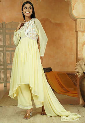 Embroidered Georgette Pakistani Suit in Light Yellow