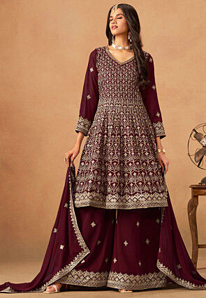 Embroidered Georgette Pakistani Suit in Maroon