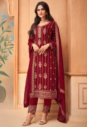 Embroidered Net Pakistani Suit in Maroon : KCH9407