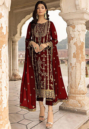 Embroidered Georgette Pakistani Suit in Maroon