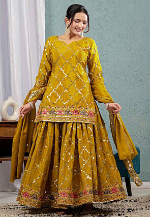 Embroidered Georgette Pakistani Suit in Mustard
