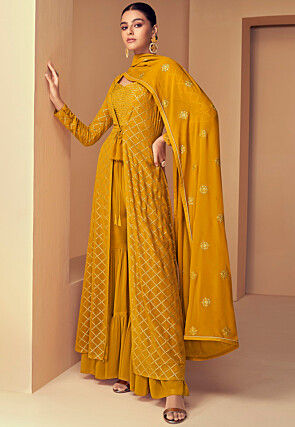 Embroidered Georgette Pakistani Suit in Mustard