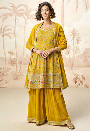 Embroidered Georgette Pakistani Suit in Mustard