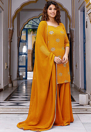 Embroidered Georgette Pakistani Suit in Mustard