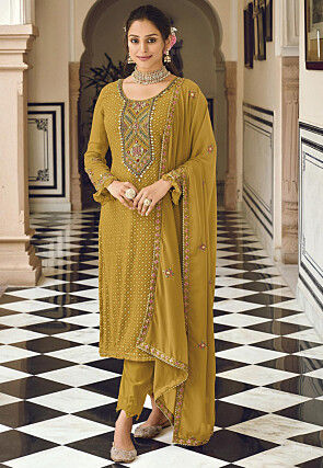 Embroidered Georgette Pakistani Suit in Mustard