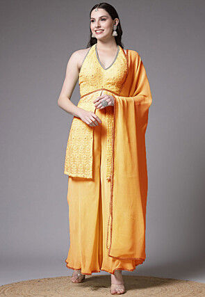 Embroidered Georgette Pakistani Suit in Mustard