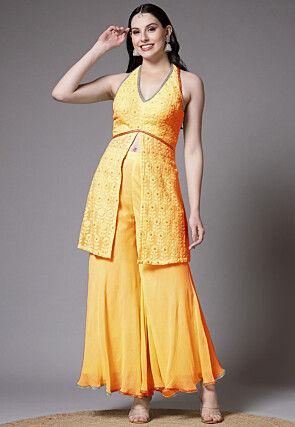 Embroidered Georgette Pakistani Suit in Mustard