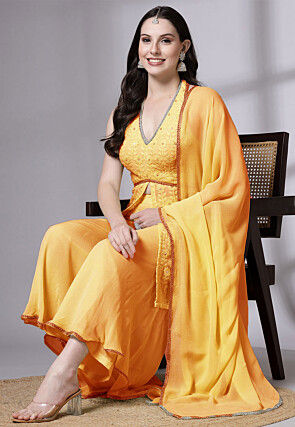 Embroidered Georgette Pakistani Suit in Mustard