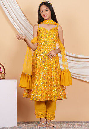 Embroidered Georgette Pakistani Suit in Mustard