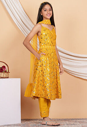 Embroidered Georgette Pakistani Suit in Mustard