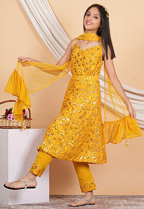 Embroidered Georgette Pakistani Suit in Mustard