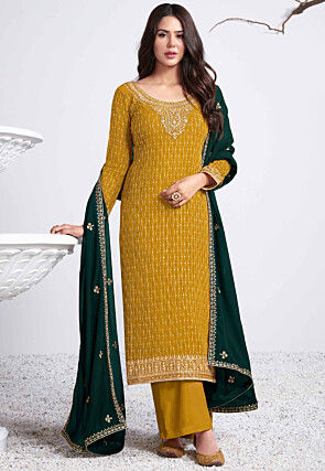 Embroidered Georgette Pakistani Suit in Mustard