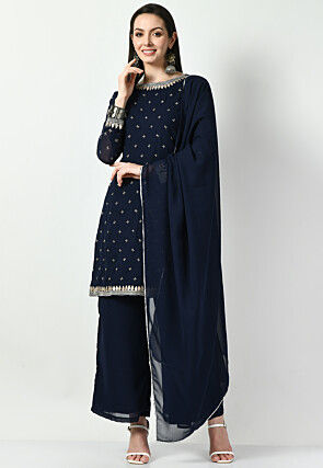 Embroidered Georgette Pakistani Suit in Navy Blue