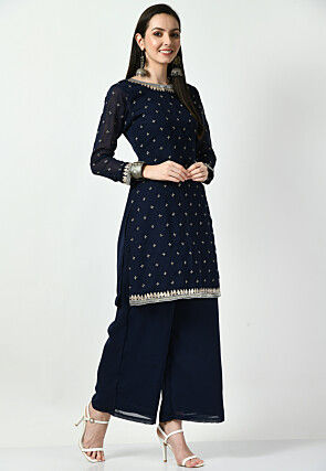 Embroidered Georgette Pakistani Suit in Navy Blue