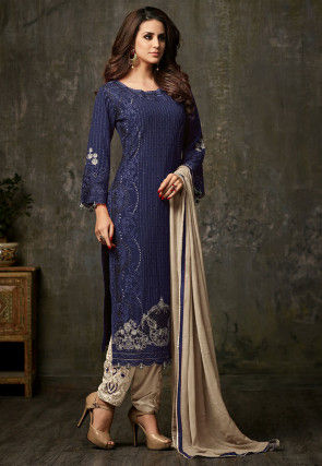 Embroidered Georgette Pakistani Suit in Navy Blue