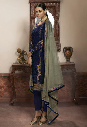 Embroidered Georgette Pakistani Suit in Navy Blue