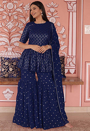 Embroidered Georgette Pakistani Suit in Navy Blue