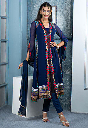 Embroidered Georgette Pakistani Suit in Navy Blue