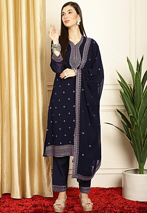 Embroidered Georgette Pakistani Suit in Navy Blue