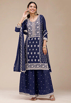 Embroidered Georgette Pakistani Suit in Navy Blue