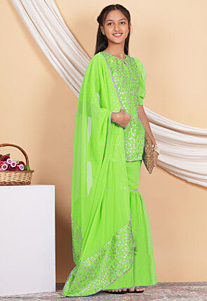 Embroidered Georgette Pakistani Suit in Neon Green
