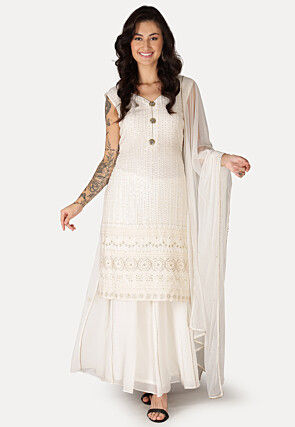 Embroidered Georgette Pakistani Suit in Off White