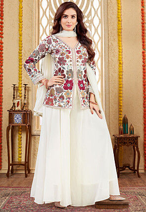 Embroidered Georgette Pakistani Suit in Off White