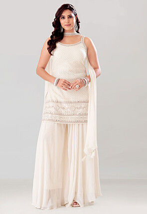 Embroidered Georgette Pakistani Suit in Off White