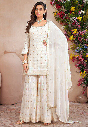 Embroidered Georgette Pakistani Suit in Off White