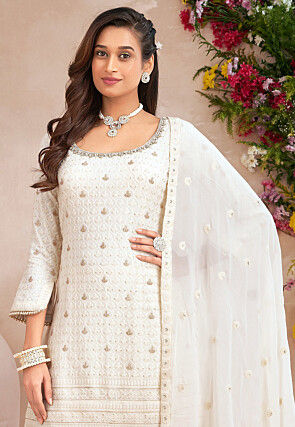 Embroidered Georgette Pakistani Suit in Off White