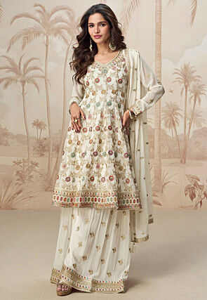 Embroidered Georgette Pakistani Suit in Off White