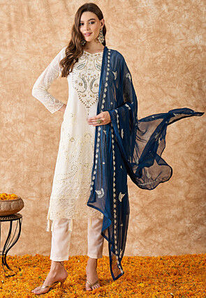 Embroidered Georgette Pakistani Suit in Off White
