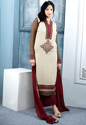 Embroidered Georgette Pakistani Suit in Off White