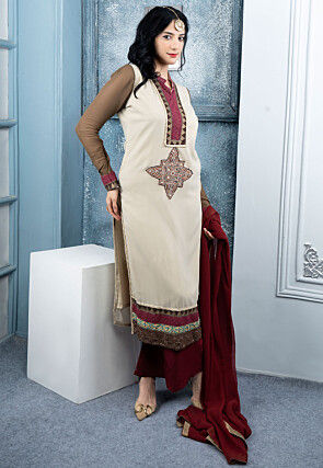 Embroidered Georgette Pakistani Suit in Off White