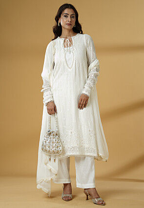 Embroidered Georgette Pakistani Suit in Off White