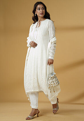 Embroidered Georgette Pakistani Suit in Off White
