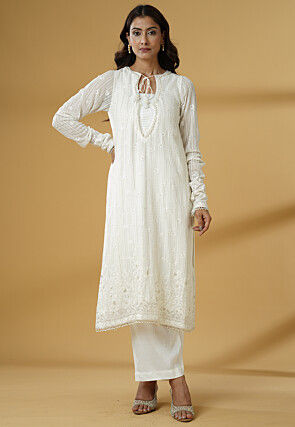 Embroidered Georgette Pakistani Suit in Off White