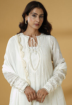 Embroidered Georgette Pakistani Suit in Off White