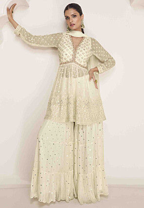 Embroidered Georgette Pakistani Suit in Off White