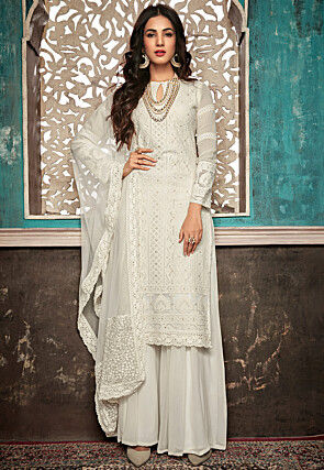 Embroidered Georgette Pakistani Suit in Off White