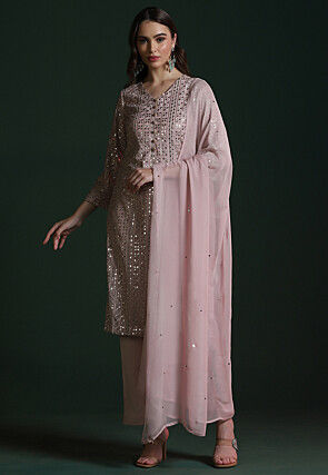 Embroidered Georgette Pakistani Suit in Old Rose