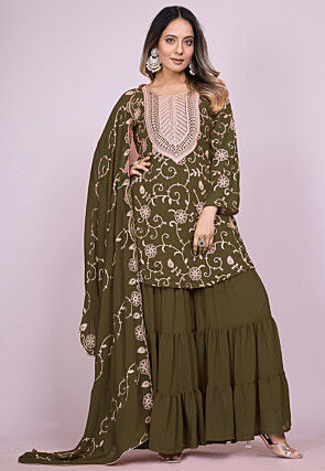 Embroidered Georgette Pakistani Suit in Olive Green