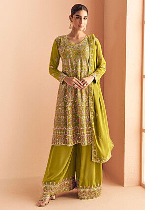 Embroidered Georgette Pakistani Suit in Olive Green