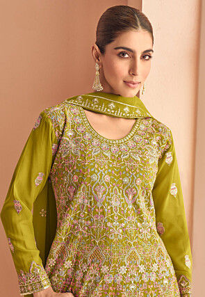 Embroidered Georgette Pakistani Suit in Olive Green