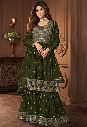 Embroidered Georgette Pakistani Suit in Olive green