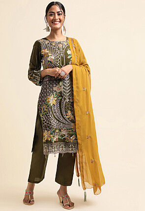 Embroidered Georgette Pakistani Suit in Olive Green