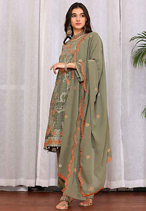 Embroidered Georgette Pakistani Suit in Olive Green