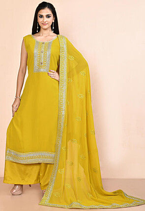 Embroidered Georgette Pakistani Suit in Olive Green