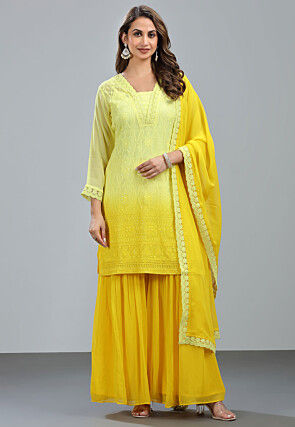 Embroidered Georgette Pakistani Suit in Ombre Yellow
