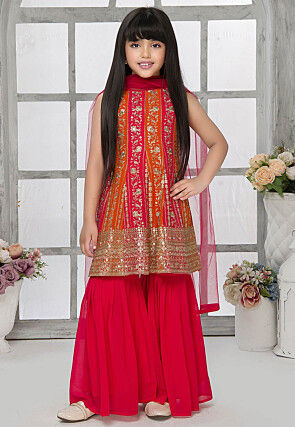 Embroidered Georgette Pakistani Suit in Orange and Fuchsia